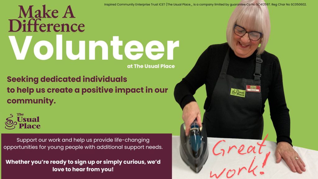 Lady smiling and ironing with text about Make A Difference and Volunteer